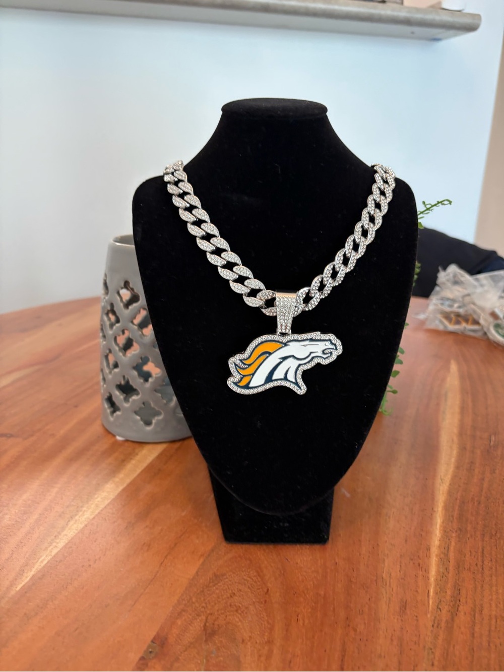 NFL Silver Cuban Chain Necklace with Denver Broncos Logo Pendant